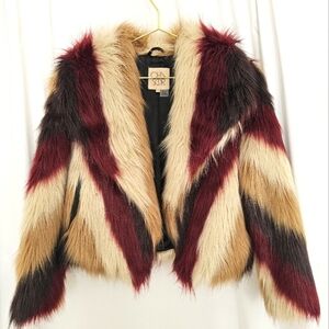 CHASER Faux Fur Multicolor Jacket Maroon Beige Cream Black Retro Statement Small